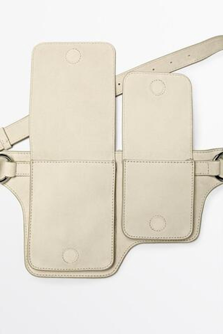 Massimo Dutti Поясная сумка из замши с двумя отделениями, экрю