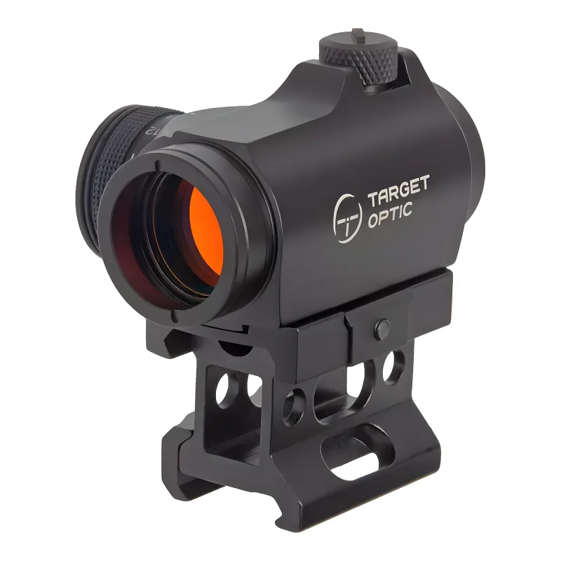 Коллиматор Target Optic 1x22, Weaver, красная марка, точка 2 MOA, проставка - вид слева на высоком кронштейне