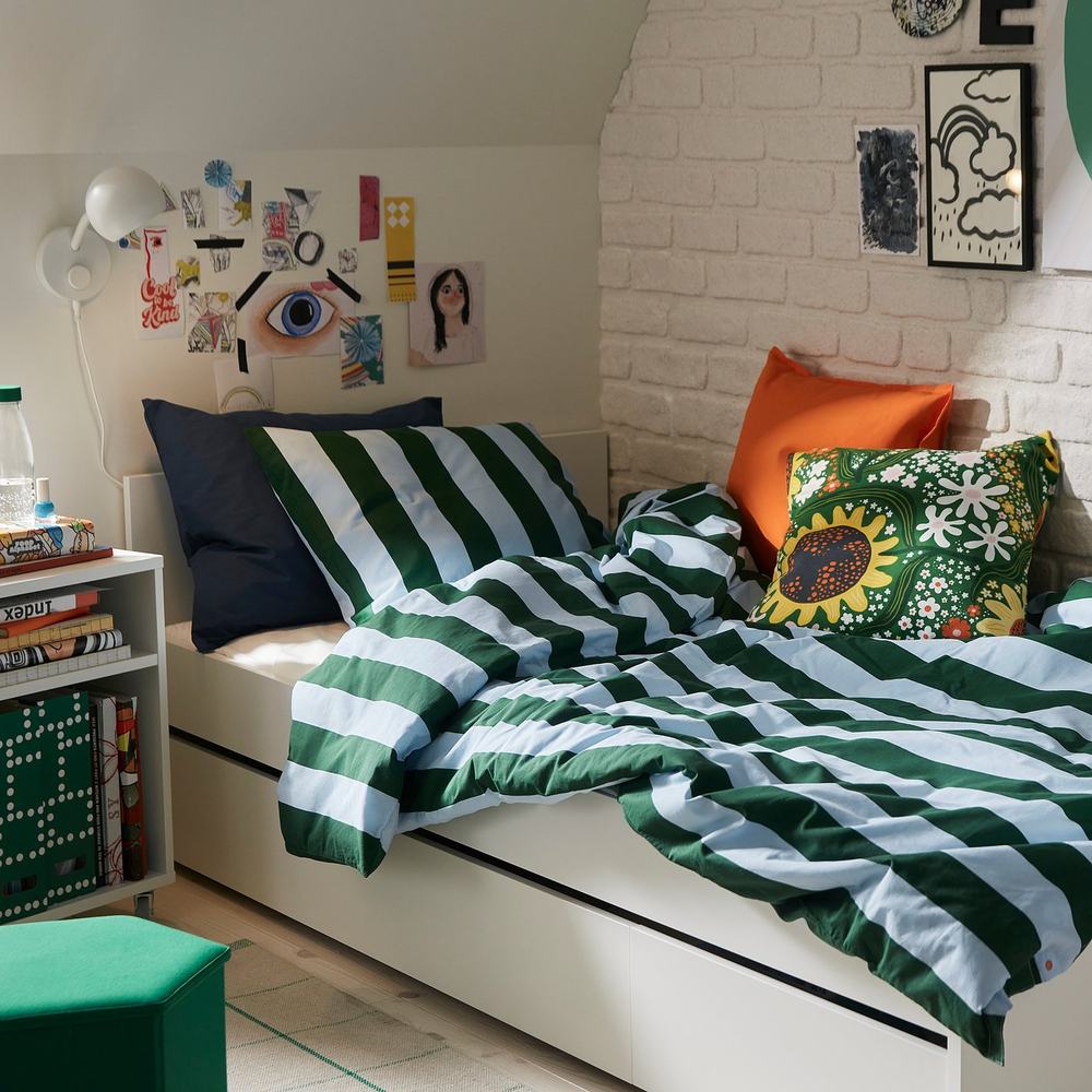 IKEA SLÅNHÖSTMAL  (ИКЕА СЛОНХЁСТМАЛ)  -  Пододеяльник и наволочка - светло-голубой/тёмно-зелёный в полоску 150x200/50x60 см