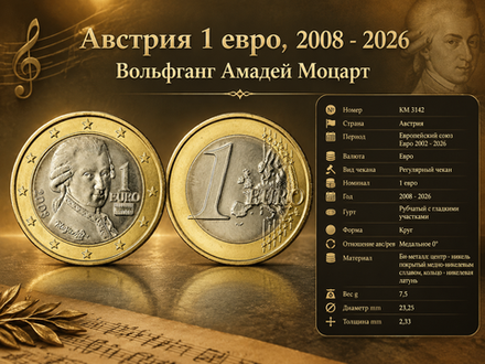 Австрия 1 евро, 2008 Вольфганг Амадей Моцарт XF