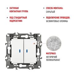 Выключатель ЭРА Серия 12 12-1105-01М двойной с подсветкой, 10АХ-250В, белый матовый | Эра 12