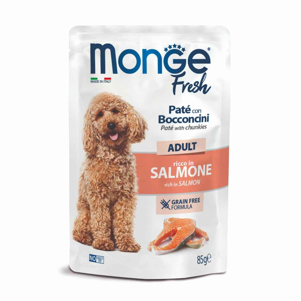 Влажный корм Monge Dog Fresh для взрослых собак паштет с кусочками лосося паучи 85 г