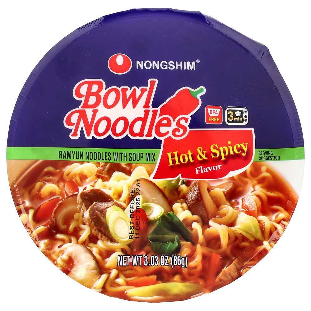 Nongshim, Bowl Noodles, лапша рамьюн со смесью для супа, острая и пряная, 86 г (3,03 унции)