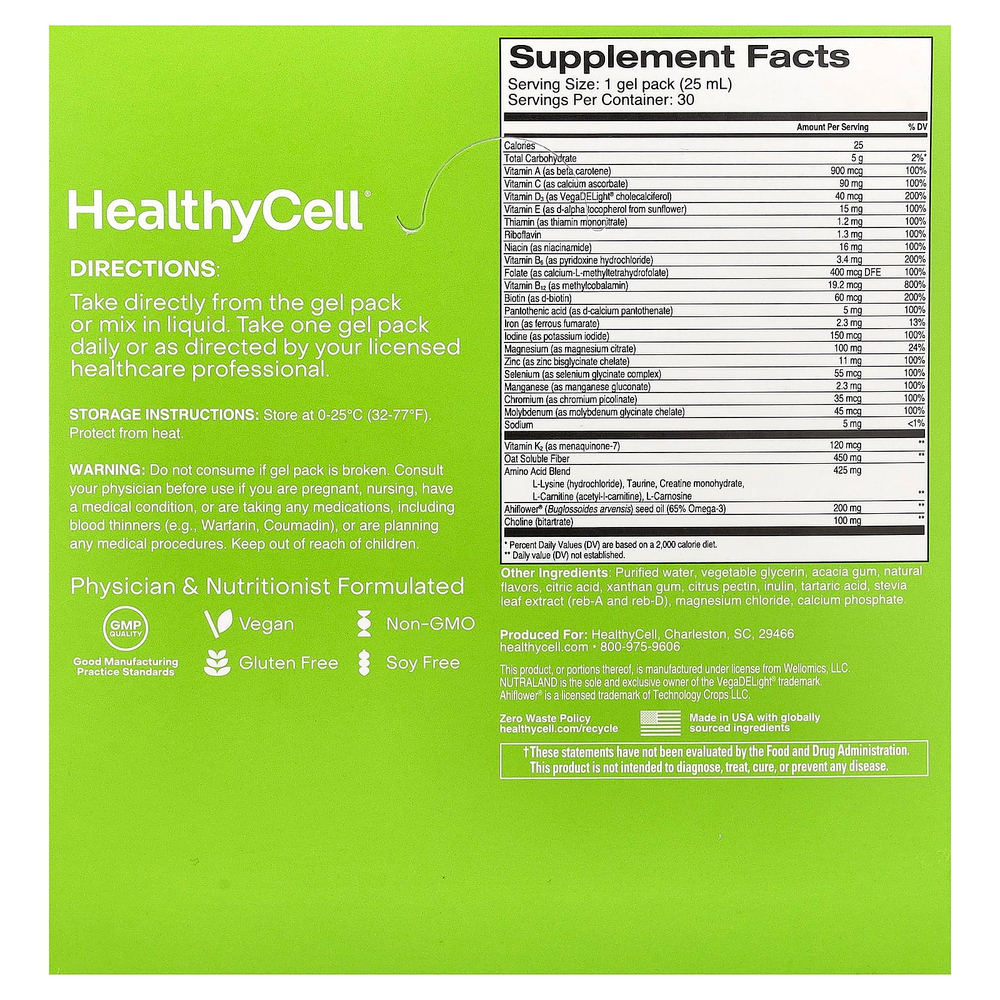 HealthyCell, Vegan Essentials, персик и манго, 30 гелевых пакетиков по 25 мл (0,84 жидк. Унции)