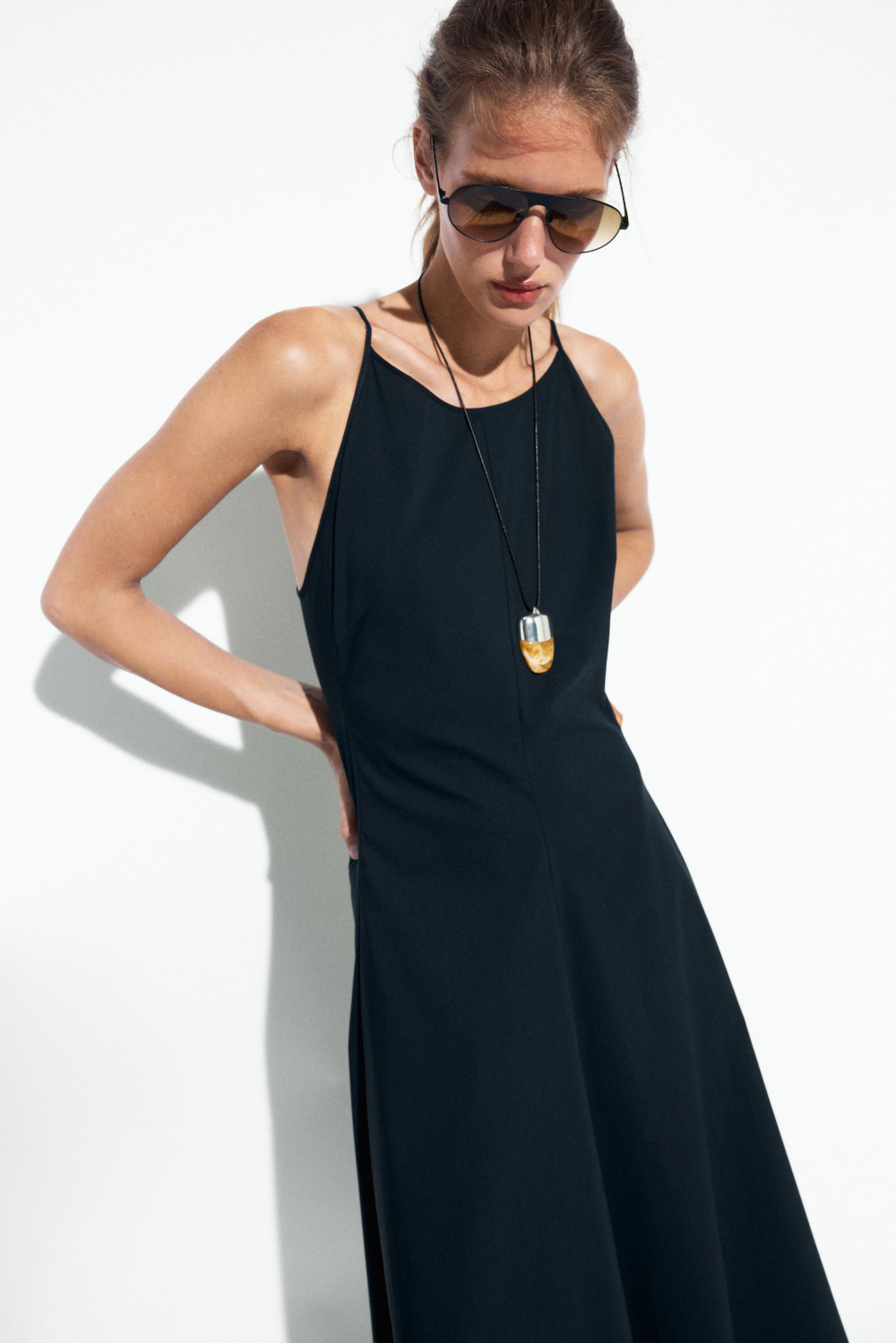 Massimo Dutti Платье из поплина на тонких бретелях, синий