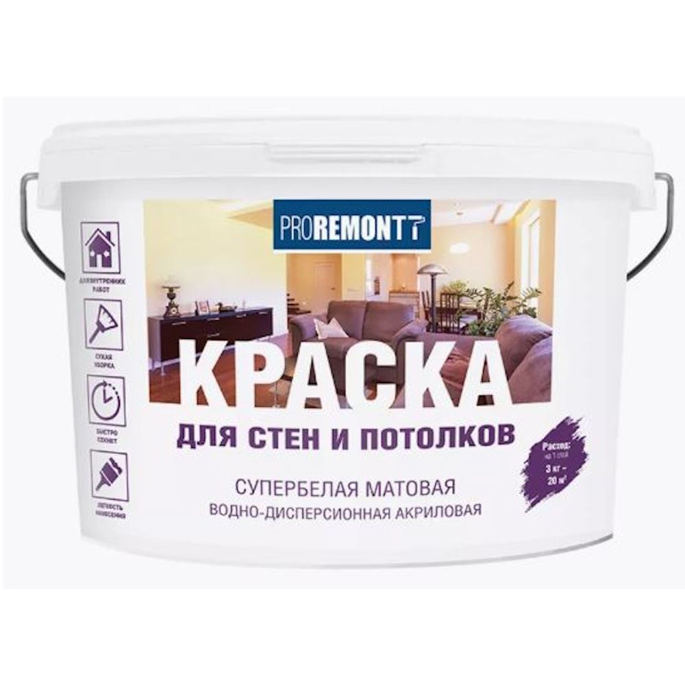 В/д интерьерная влагост.супербелая PROREMONТT 3кг (Лакра) В/д интерьерная влагост.супербелая PROREMONТT 3кг (Лакра)