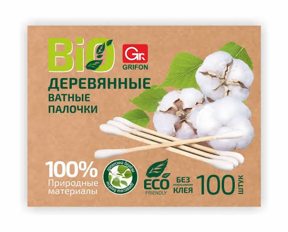 GRIFON Ватные палочки ЭКО на деревянной основе 100 шт в ZIP упаковке 34/1 304-004