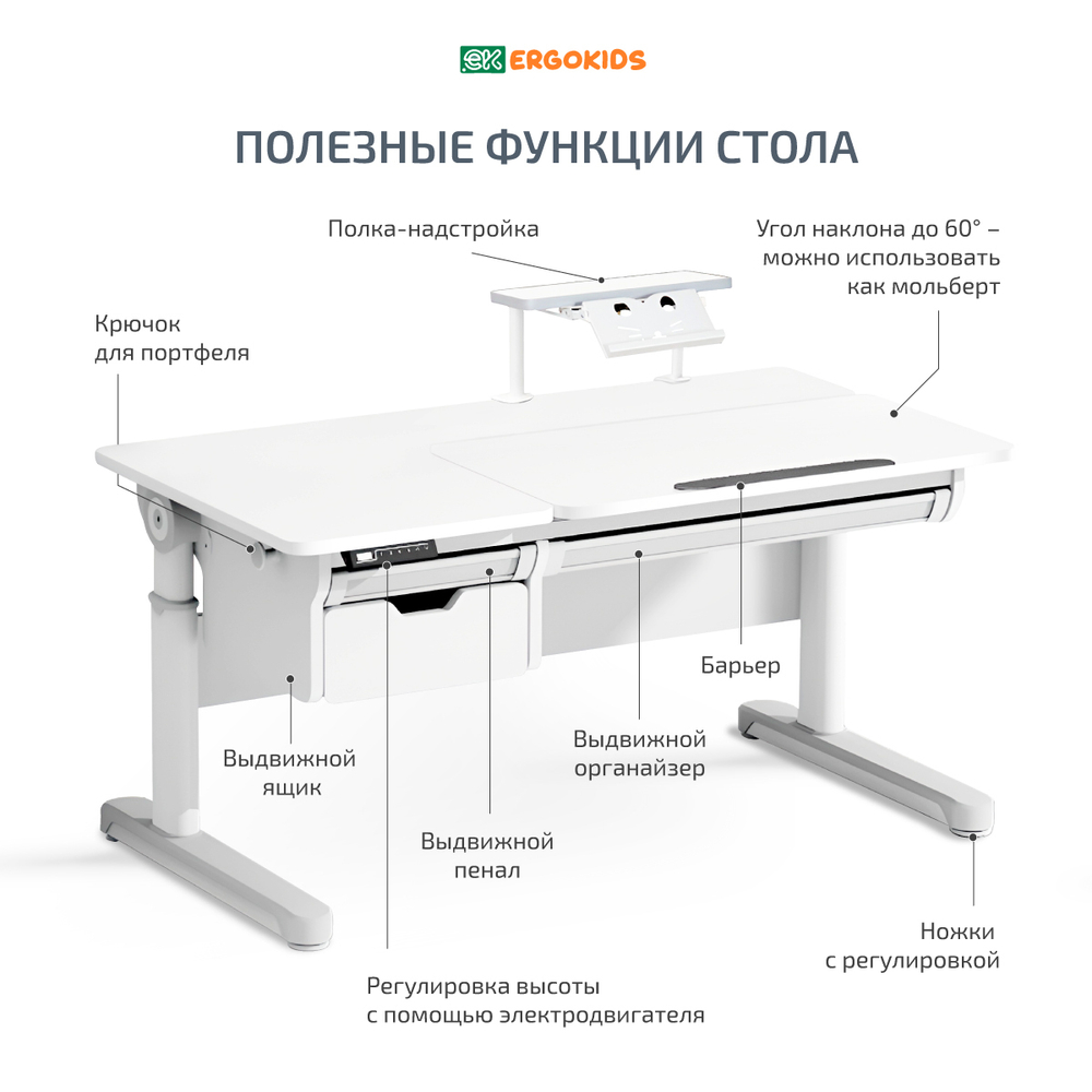 Стол регулируемый с электроприводом Ergokids с полкой S-50 