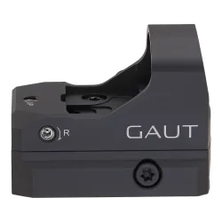 Коллиматор Gaut Tourmaline 1x24x17, открытый, точка 3 МOA красная, Weaver - вид сбоку, винт поправки и логотип
