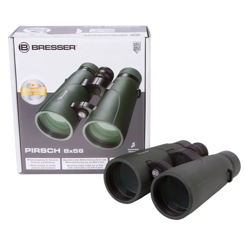 Бинокль Bresser Pirsch 8x56 рядом с коробкой, боковой вид