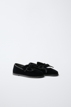ZARA БАРХАТНЫЕ БАЛЕТКИ С БАНТОМ, ЧЕРНЫЙ