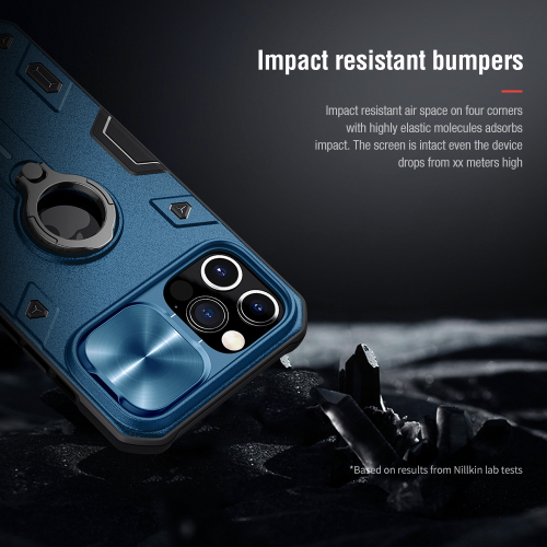 Чехол синего цвета на iPhone 12 Pro Max от Nillkin серии CamShield Armor Case с кольцом и металлической защитной шторкой для задней камеры