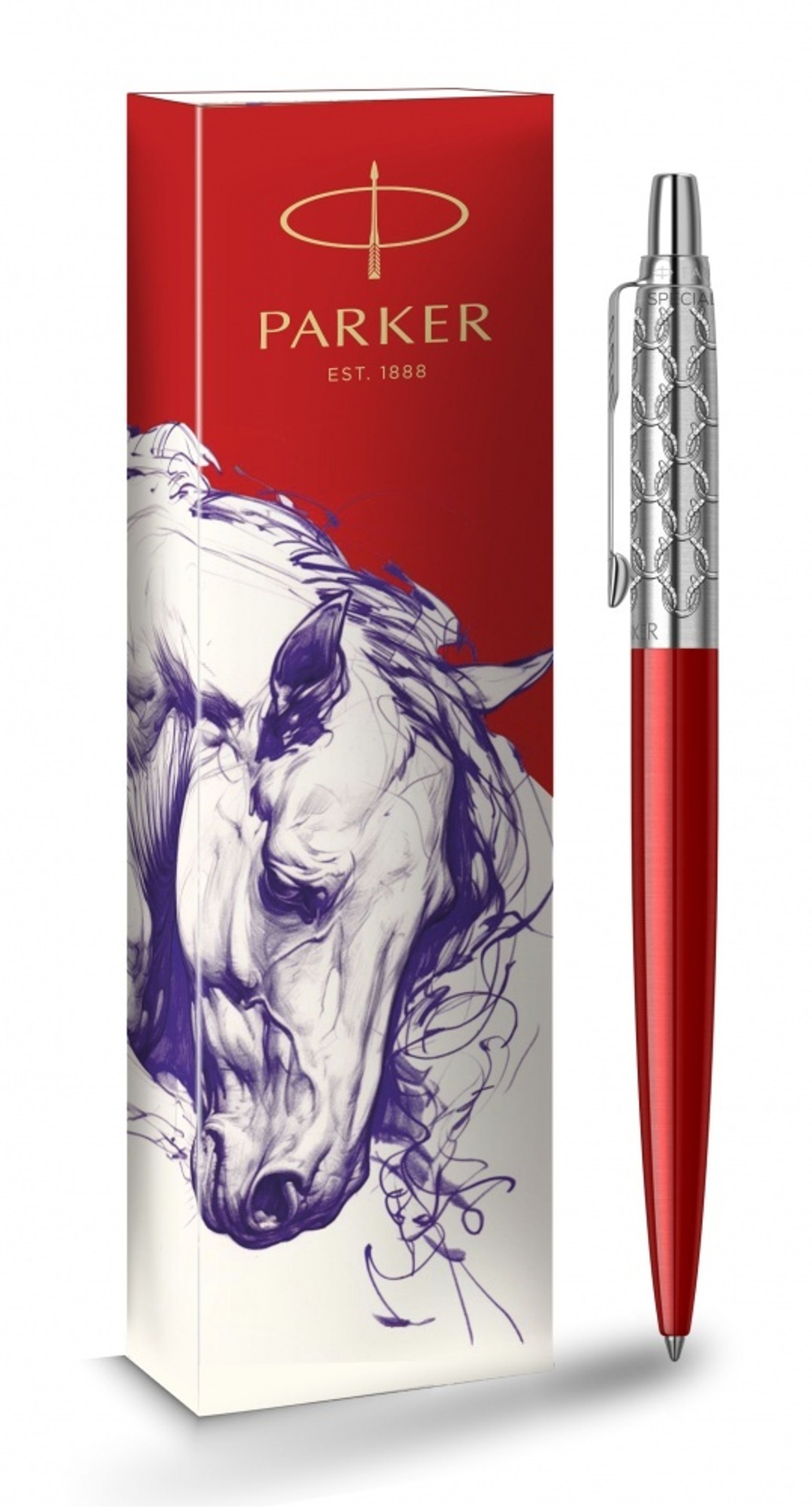 Шариковая ручка Parker Jotter Horse Special Editionl, Red CT, стержень: M, цвет чернил : blue в подарочной коробке
