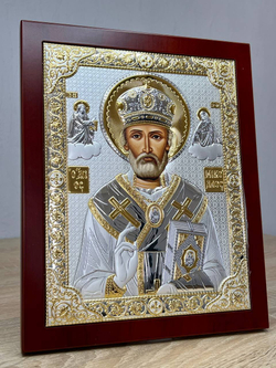 Николай Чудотворец, икона прямоугольная с рамкой, красное дерево 210х260