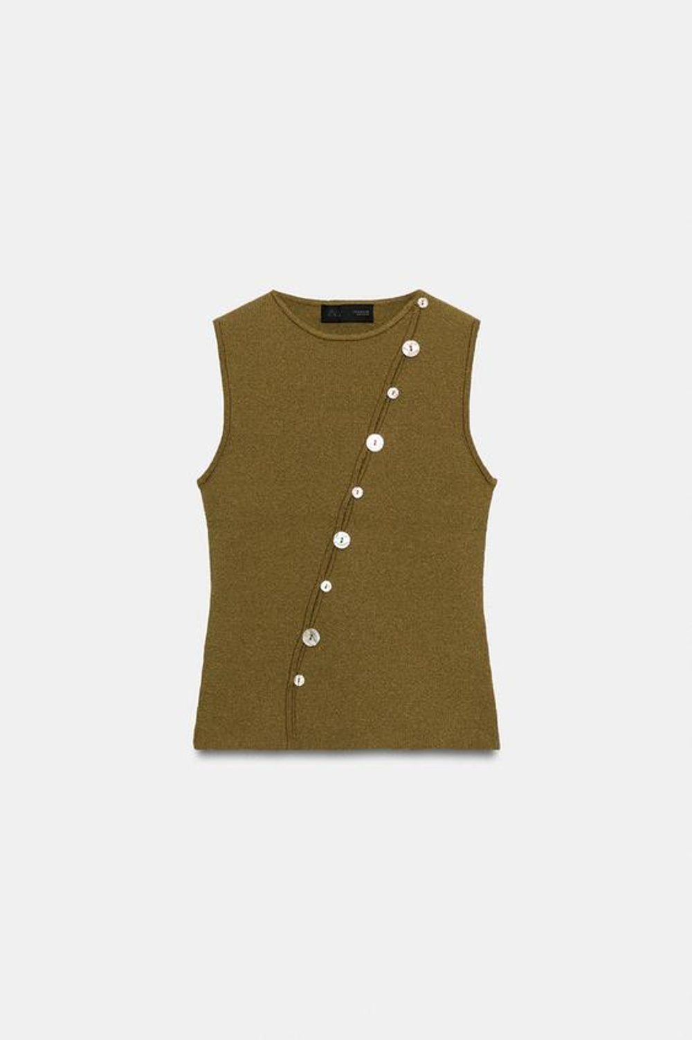 ZARA АСИММЕТРИЧНЫЙ ТРИКОТАЖНЫЙ ТОП С ПУГОВИЦАМИ, ТЕМНЫЙ ХАКИ