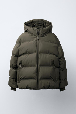 ZARA СТЕГАНЫЙ ПУХОВИК С НАШИВКОЙ WATER REPELLENT, СЕРОВАТО-КОРИЧНЕВЫЙ
