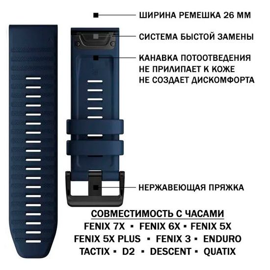 Ремешок силиконовый 26 мм. Premium для Garmin Fenix 7x/6x/5x/5x plus/3, Descent, Tactix, Enduro, D2, быстросъемный QuickFit (Темно-синий)