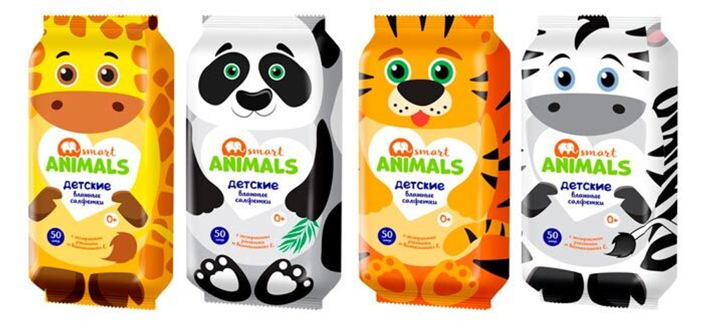 Салфетки влажные детские Smart animals с ромашкой 50 шт
