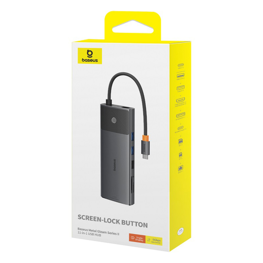 USB-C Хаб Baseus Metal Gleam II 11-in-1 (2xHDMI4K@60Hz + DP4K@60Hz + 2xUSB-A3.0(5Gbps) + 2xUSB-A2.0 + RJ45 + SD + TF + USB-C-PD)