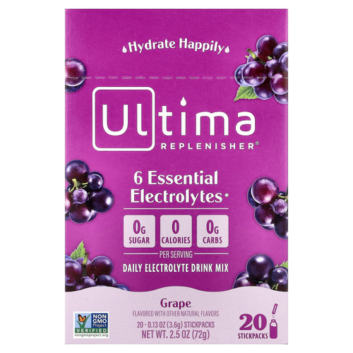 Ultima Replenisher, 6 Essential Electrolytes, смесь для приготовления электролитического напитка для ежедневного приема, со вкусом винограда, 20 стиков по 3,6 г (0,13 унции)
