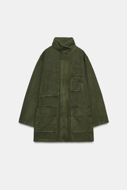 ZARA КУРТКА С ВОРОТНИКОМ-СТОЙКОЙ И КАРМАНАМИ, ТЕМНЫЙ ХАКИ