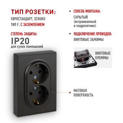 Розетка ЭРА Arktik 16-2104-05 двойная с заземлением 2X2P+E Schuko 16А-250В антрацит | Эра Arktik