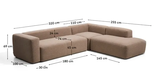 Угловой пятиместный диван Blok из коричневой синели с правым сиденьем, 320 x 255 см
