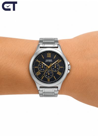 Casio MTP-V300D-1A2 General часы наручные мужские — чёрный циферблат, золотистые детали и три индикатора