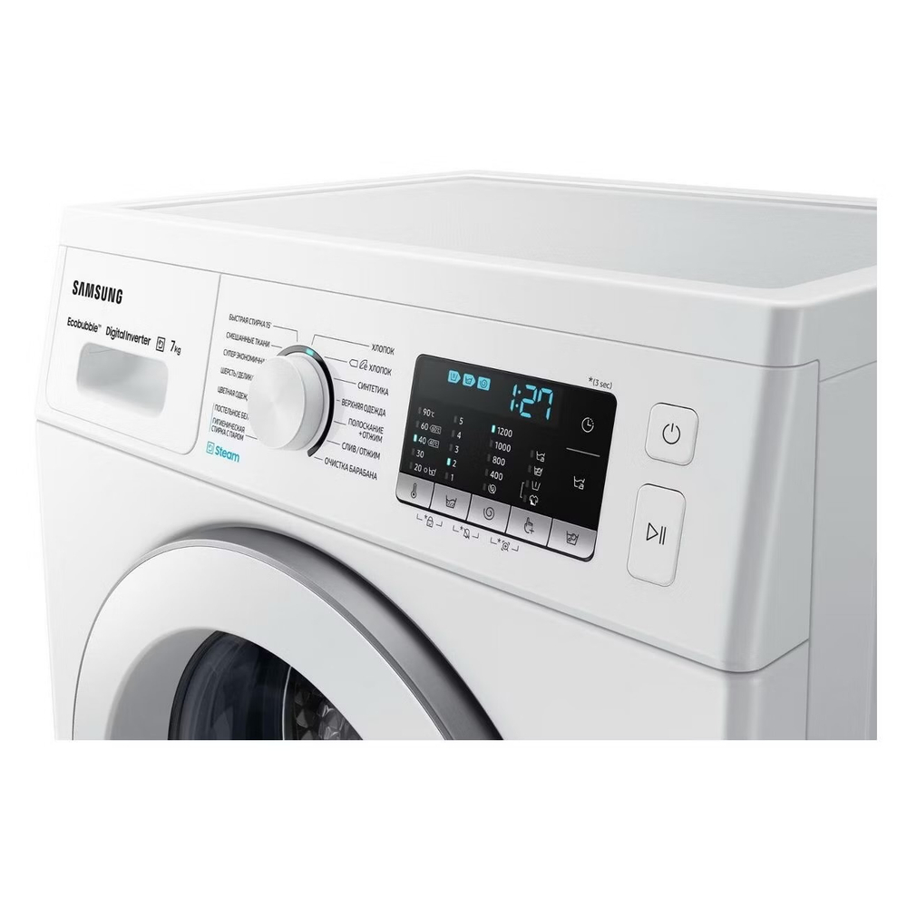 Стиральная машина Samsung WW70AG5S21EELD, 7 кг, 1200 об/мин, 45 см, инверторная, пар, дозагрузка, белая