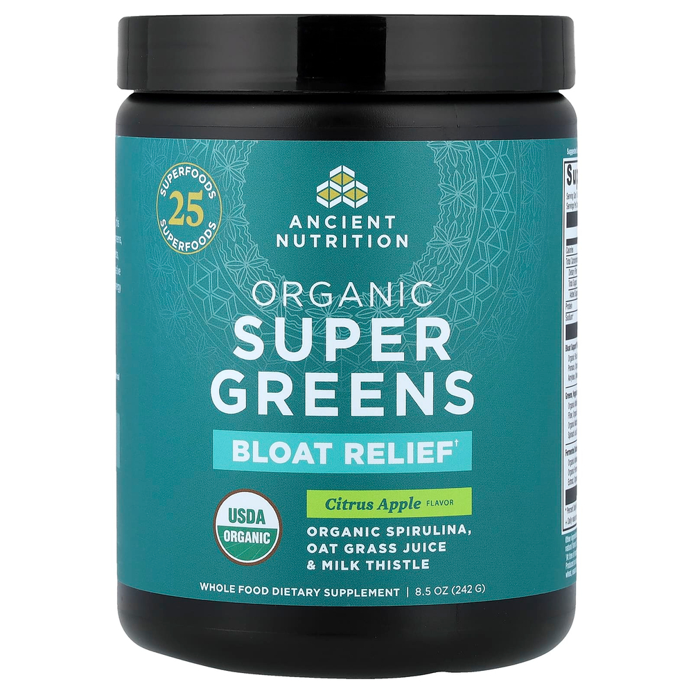 Ancient Nutrition, Organic Super Greens, средство от вздутия живота, цитрус и яблоко, 242 г (8,5 унции)