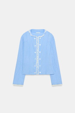 ZARA ЖАКЕТ ИЗ ПОПЛИНА В ПОЛОСКУ С КРУЖЕВОМ, ЧЕРНИЛЬНО-СИНИЙ