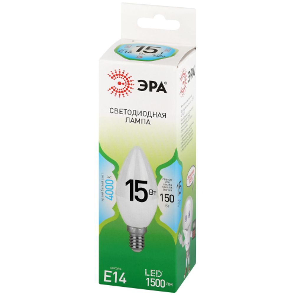 Лампа светодиодная ЭРА GREEN LINE LED B35-15W-840-E14 GL 15Вт свеча яркий белый свет E14 | Лампы cветодиодные Свеча (B/C)