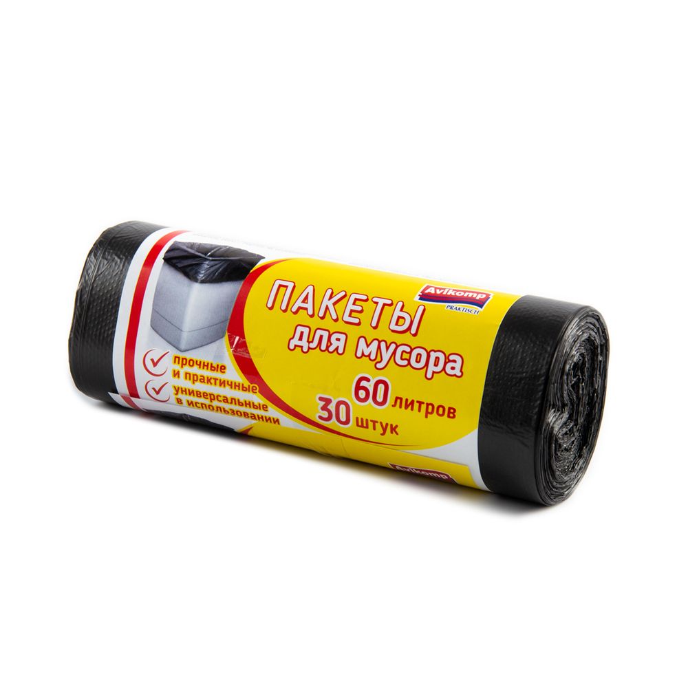 Мешки для мусора Avikomp, 9 мкм, 60 л, рулон 30 шт, черные, 25261
