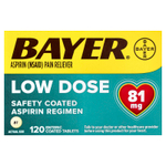 Bayer, Схема приема аспирина с безопасным покрытием, низкая доза, 81 мг, 120 таблеток, покрытых кишечнорастворимой оболочкой
