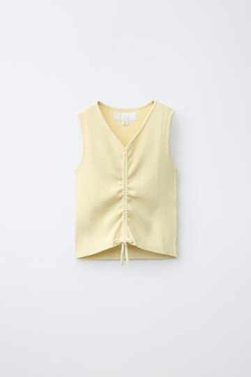 ZARA ТРИКОТАЖНЫЙ ТОП В РУБЧИК СО СБОРКАМИ, ЖЕЛТЫЙ