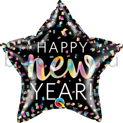 Фольгированная фигура, звезда с рисунком, HAPPY NEW YEAR Iridescent, 20"/50CM