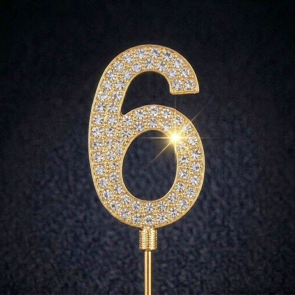 Декоративное украшение для торта со стразами «Цифра 6» (4см, золото)