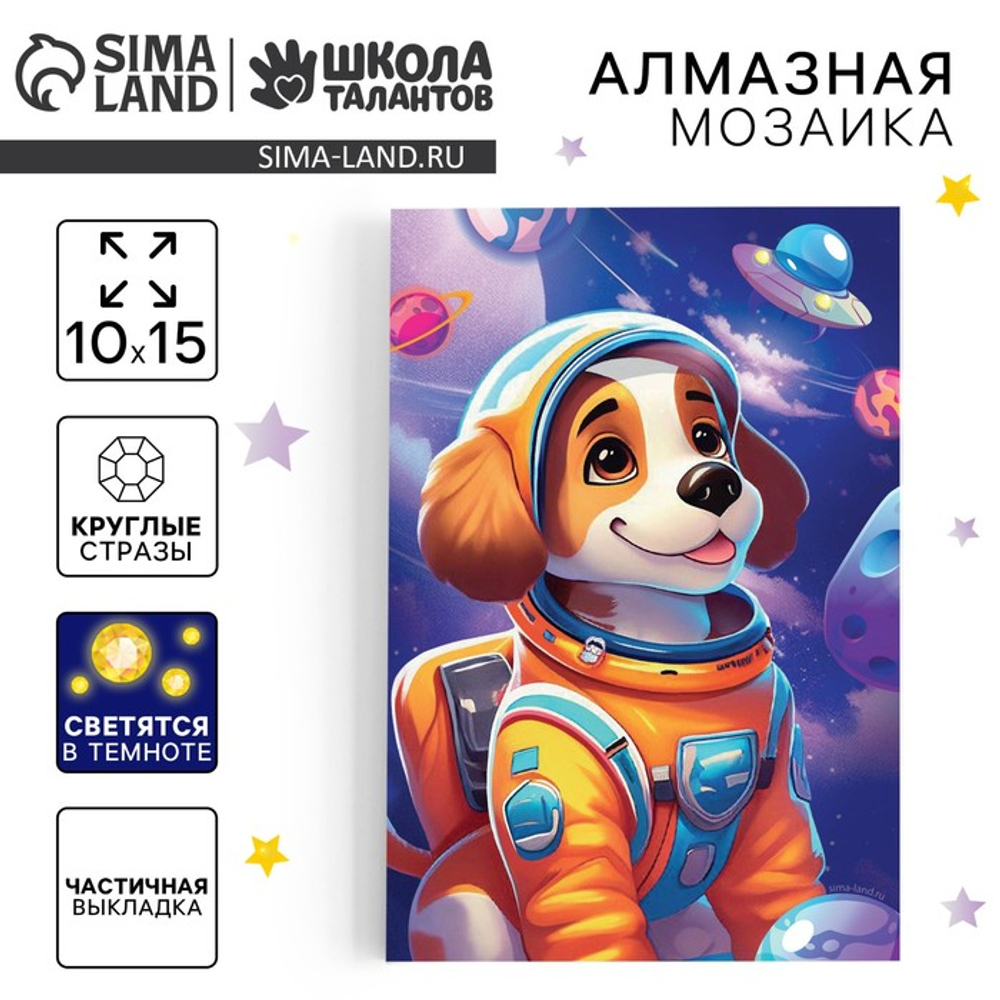 Школа талантов Алмазная мозаика «Щенок в космосе», 10*15 см, со светящимися стразами, Школа талантов