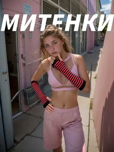 Длинные митенки аниме в полоску красные