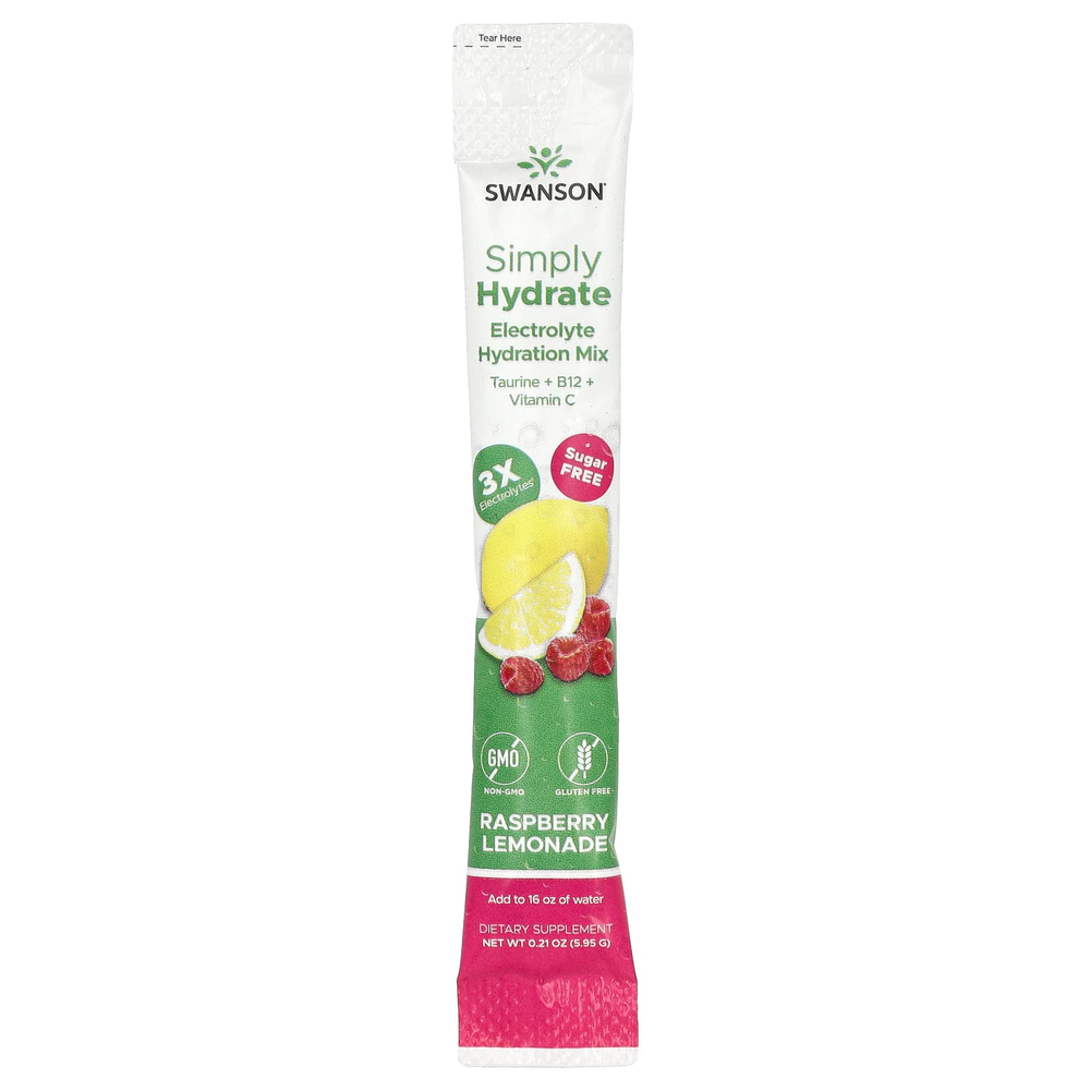 Swanson Vitamins, Simply Hydrate, смесь для гидратации электролитов, малиновый лимонад, 8 пакетиков по 5,95 г (0,21 унции)