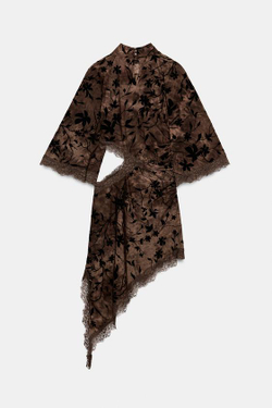 ZARA МИНИ-ПЛАТЬЕ ИЗ ФЛОКИРОВАННОЙ ТКАНИ С РАЗРЕЗОМ, ТЕМНО-КОРИЧНЕВЫЙ