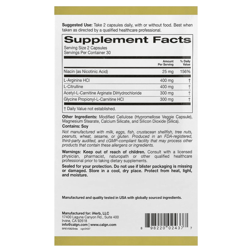 California Gold Nutrition, Rexdrive® Amino, добавка для мужчин с L-аргинина гидрохлоридом, L-цитруллином, ацетил-L-карнитин аргината дигидрохлоридом и глицин пропионил-L-карнитина гидрохлоридом, 60 растительных капсул