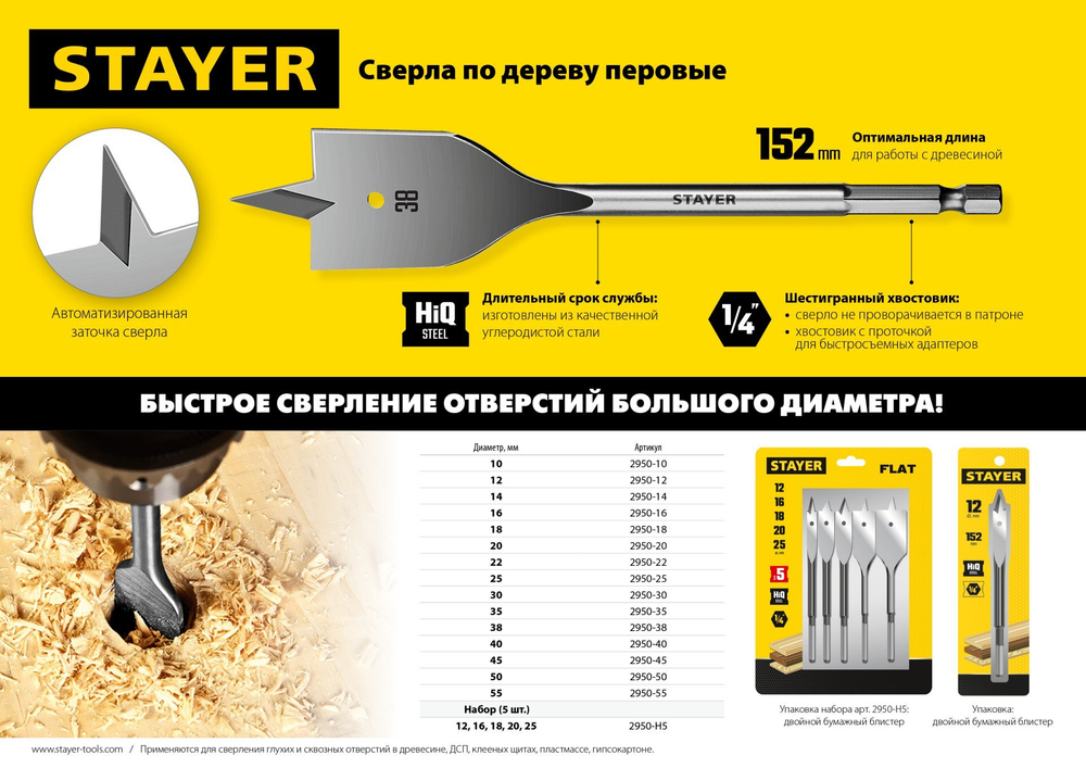 STAYER Flat, 55 x 152 мм, перовое, cверло по дереву (2950-55)