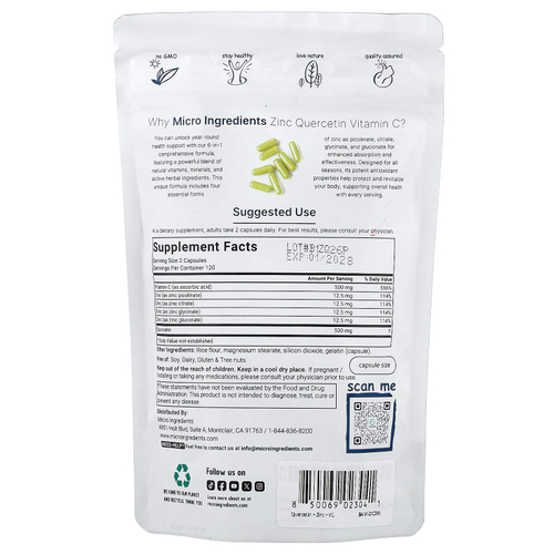 Micro Ingredients, цинк, кверцетин и витамин C, 240 капсул