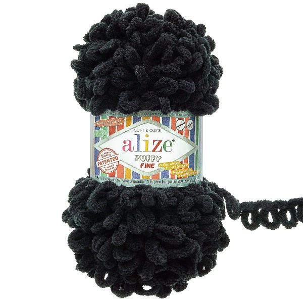 Пряжа Alize (Ализе) Puffy Fine / уп.5 мот. по 100 г, 14 м, 60 черный
