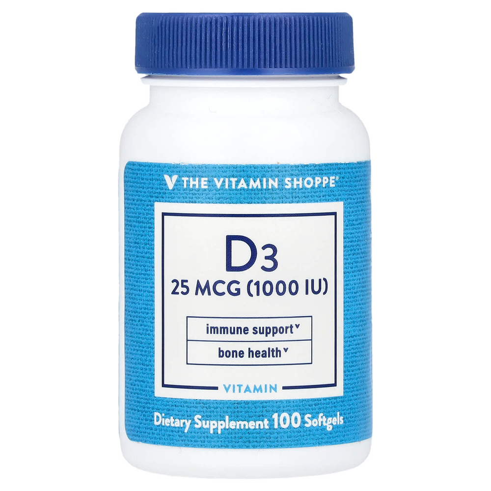 The Vitamin Shoppe, Витамин D3, 25 мкг (1000 МЕ), 100 мягких таблеток