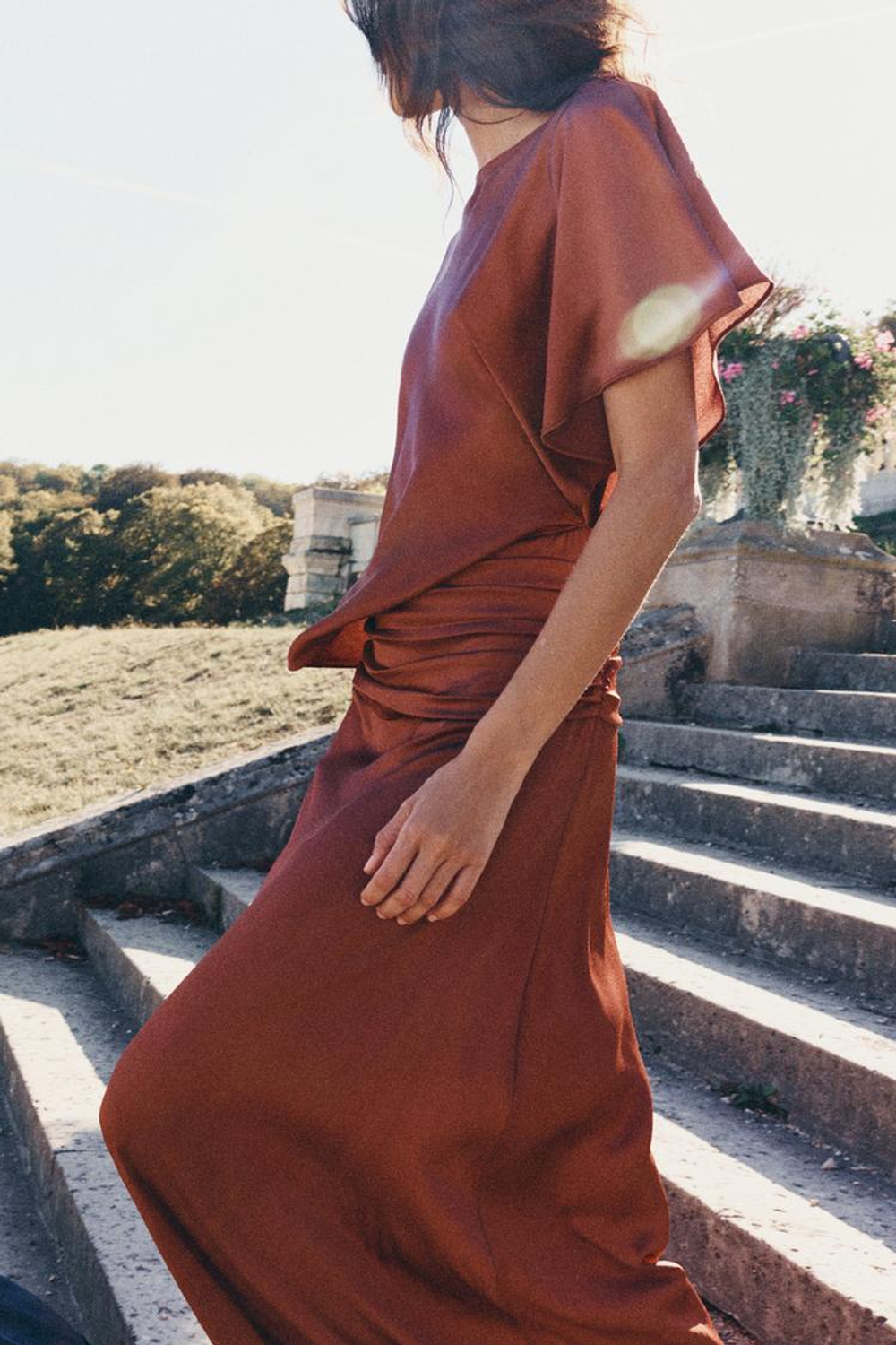ZARA ДЛИННОЕ АТЛАСНОЕ ПЛАТЬЕ ИЗ КОЛЛЕКЦИИ ZW, ТЕМНО-РОЗОВЫЙ