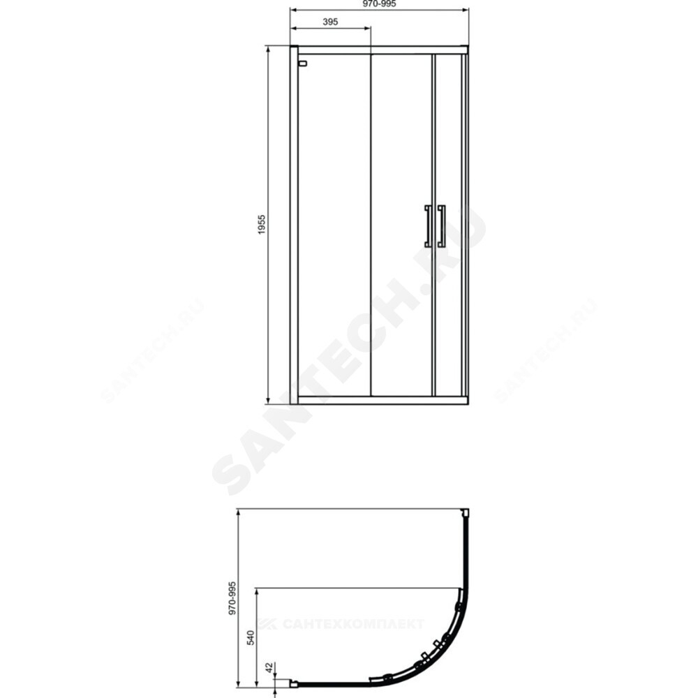 Ограждение душевое CONNECT 2 Corner Quadrant 1000х1000х1950 мм без поддона угловая-асимметричная прозрачное стекло Ideal Standard K9252V3