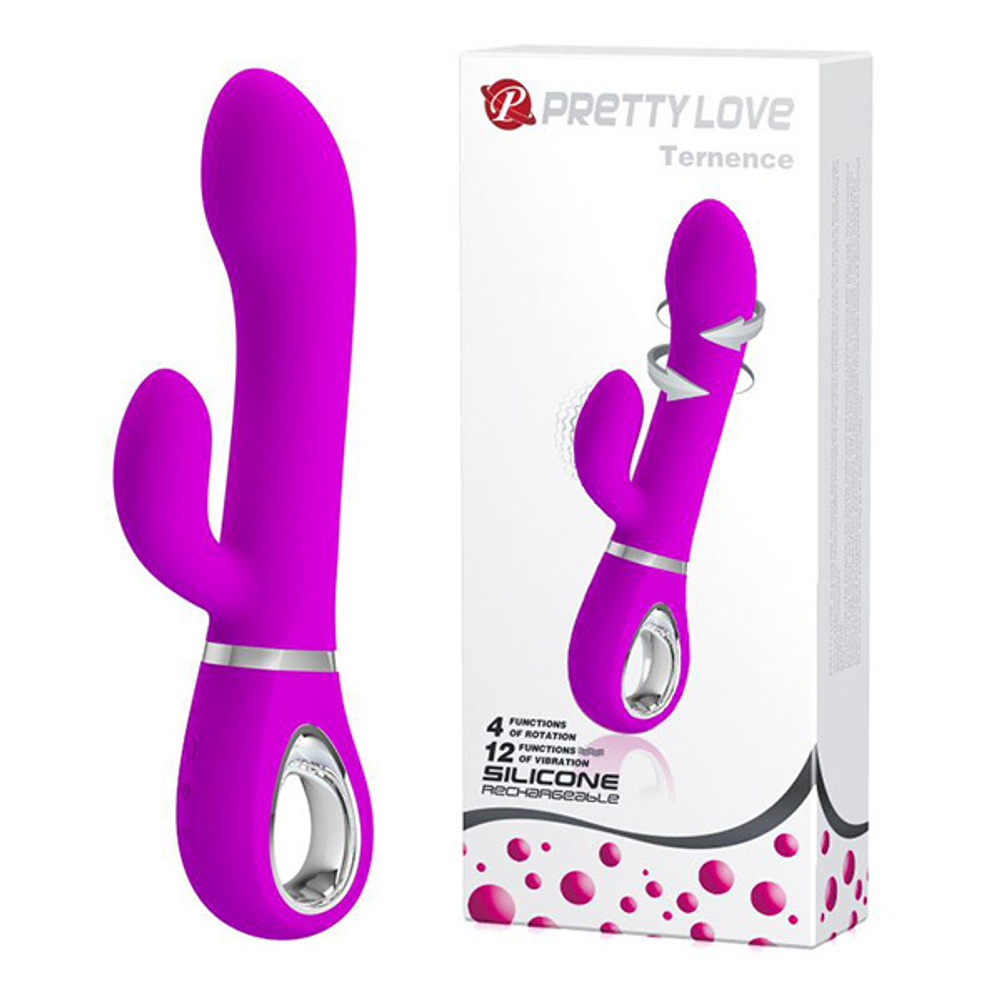 Лиловый вибратор-ротатор 19,6см с клиторальным отростком Pretty Love Ternence BI-014620