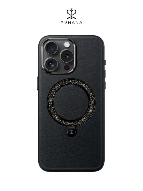 Чехол PYNANA для iPhone 16 Pro Max кожа австрийский хрусталь, полуночно-черный